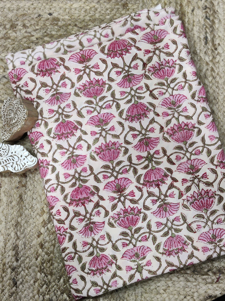 Mulmul Cotton Handblock Printed Fabric in Light Peachish Pink with Flower Design