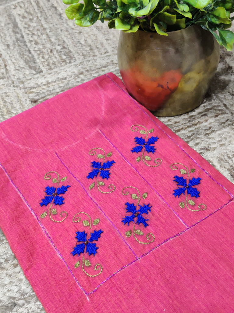 Hand Embroidered Mangalgiri Cotton Kurta Fabric in Pinkish Orange