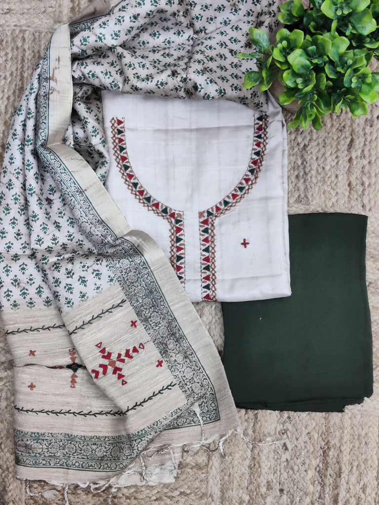 Pure Tussar Silk Suit Set with Embroidery