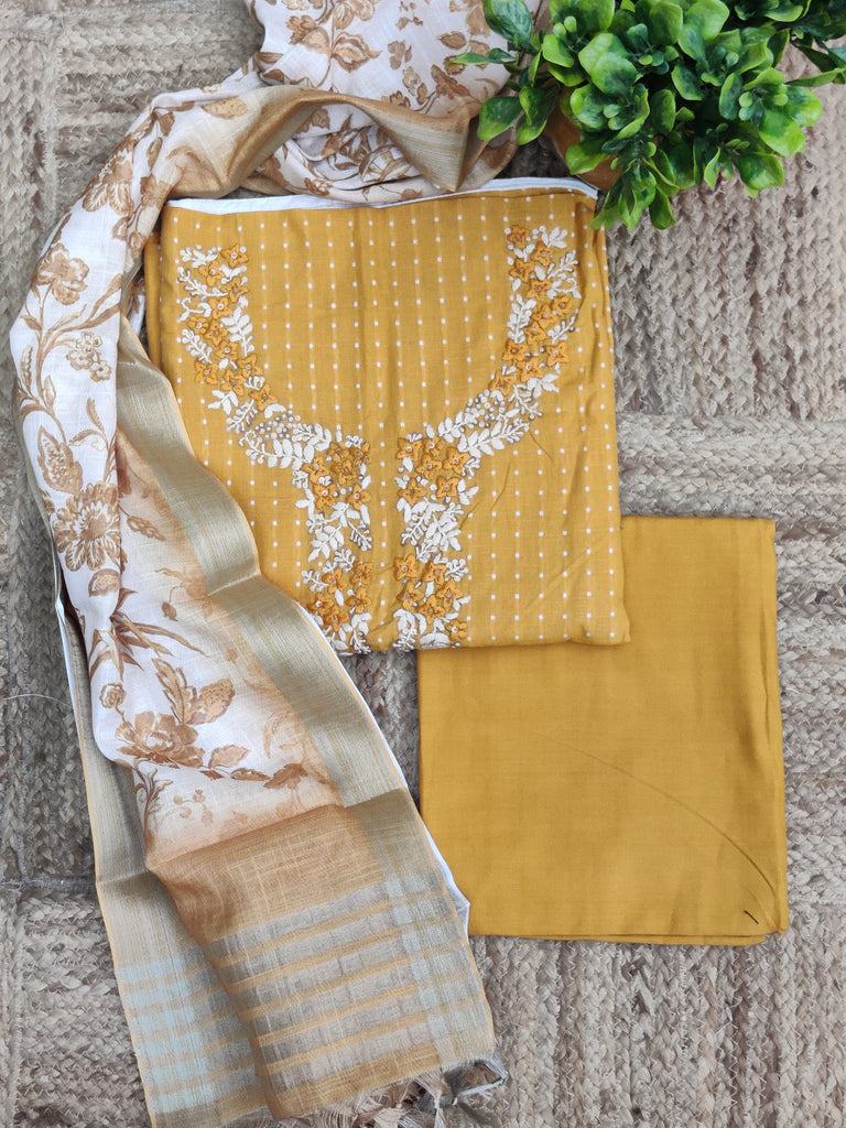 Mustard Yellow Embroidered Cotton Suit Set with Chanderi Dupatta