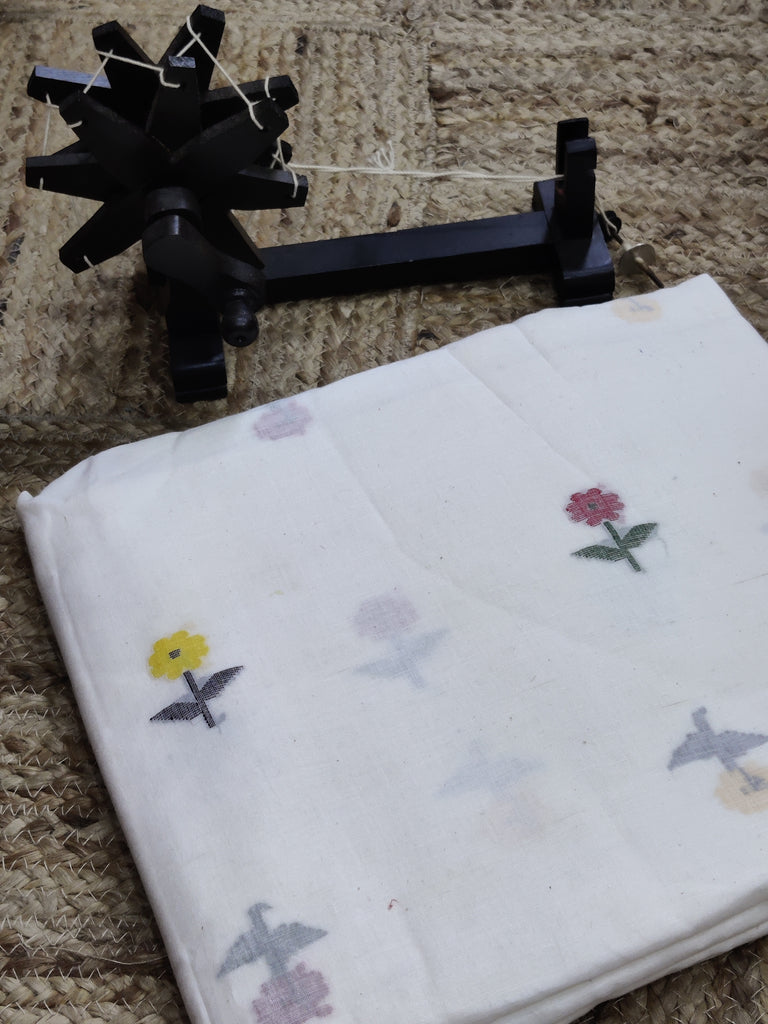 Handwoven Jamdani Voile Cotton Fabric in Off-White with Colourful Flower Motives