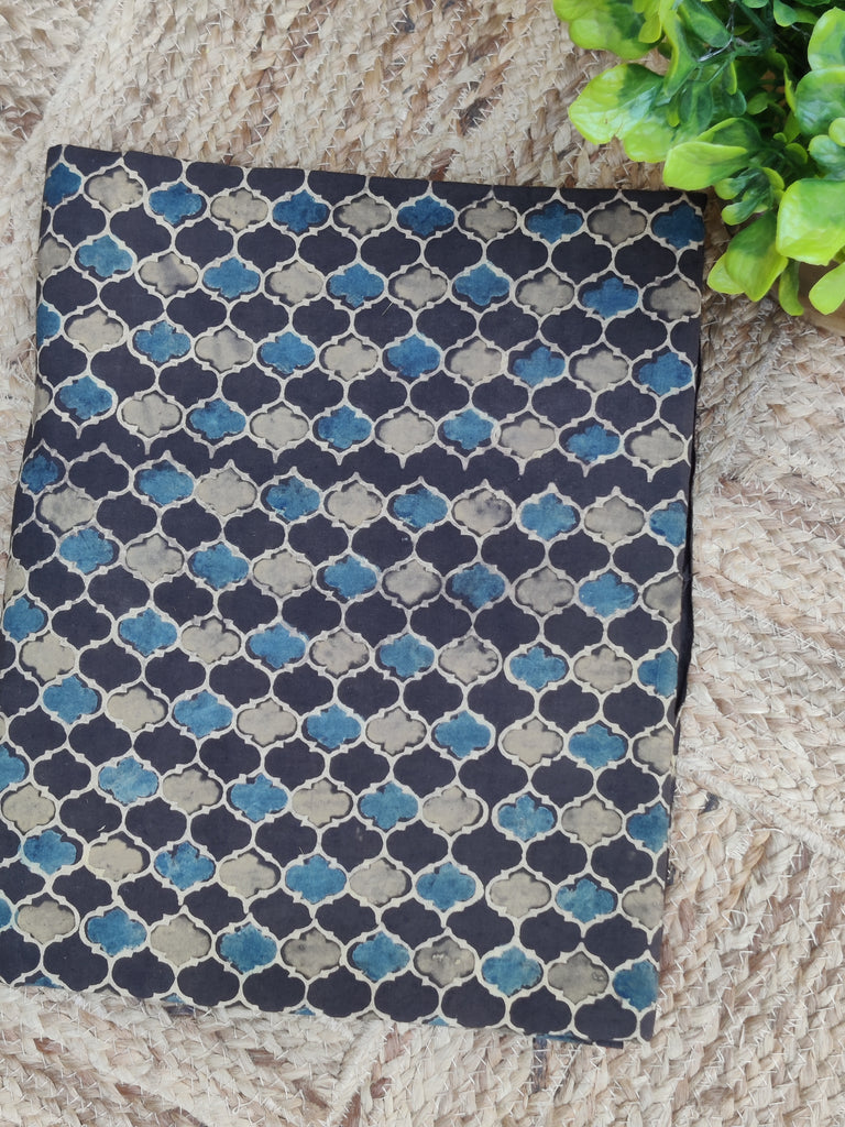 Natural Vegetable Dyed Ajrakh Cotton Fabric in Dull Black in Mesh Design