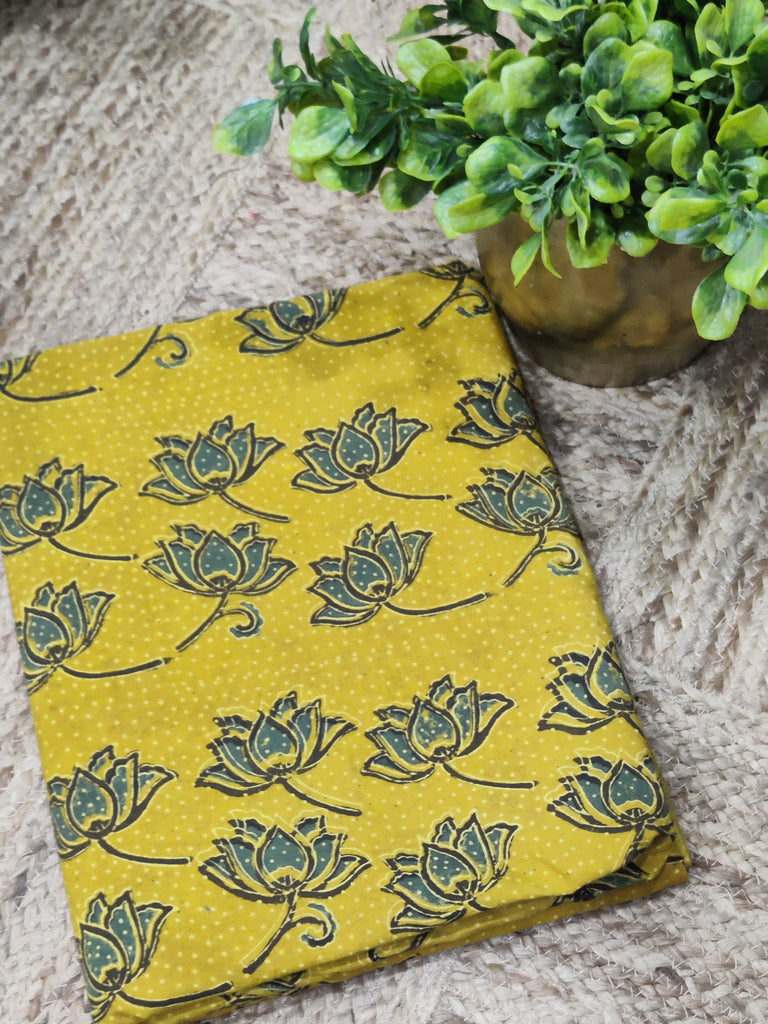 Natural Vegetable Dyed Ajrakh Cotton Fabric in Turmeric Yellow with Lotus Design
