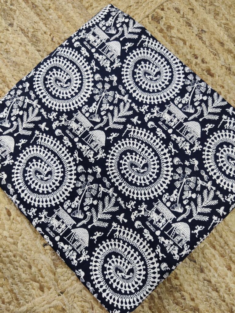 Black Screen Printed Cotton Fabric in Warli Design