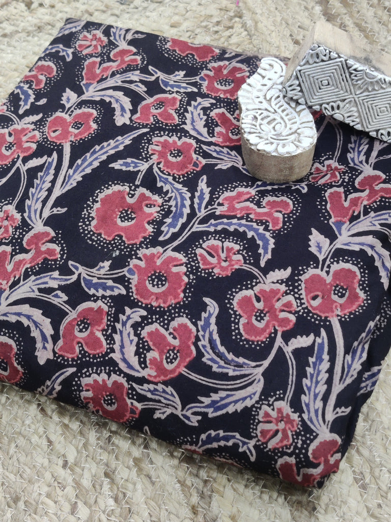 Handblock Printed Mulmul Cotton Fabric in Black and Red in Akola Print