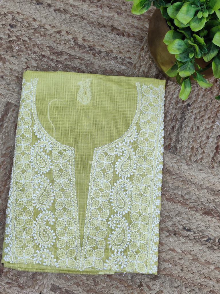 Pure Hand Embroidered Chikankari Kota Doria Kurta Fabric in Lime Green