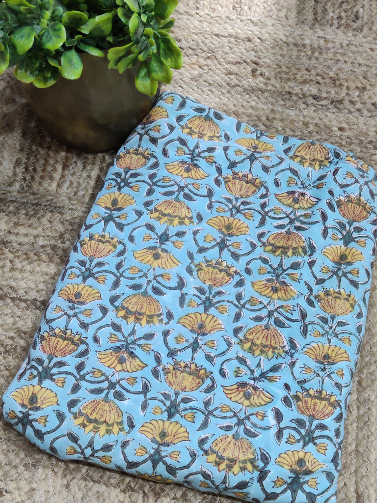 Pure Cotton Handblock Sanganeri Printed Fabric in Light Blue and Yellow