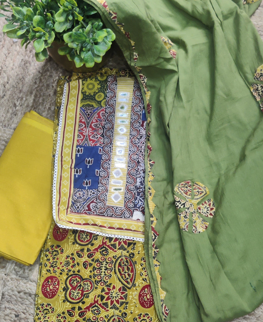 Pure Cotton Ajrakh Printed Top in Yellow with Handmade Patch and Applique Dupatta in Green