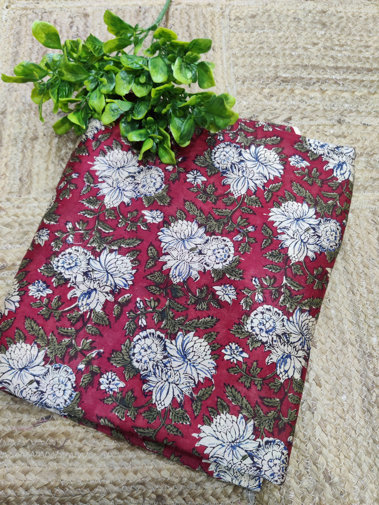 Floral-patterned fabric on a textured surface with green leaves.