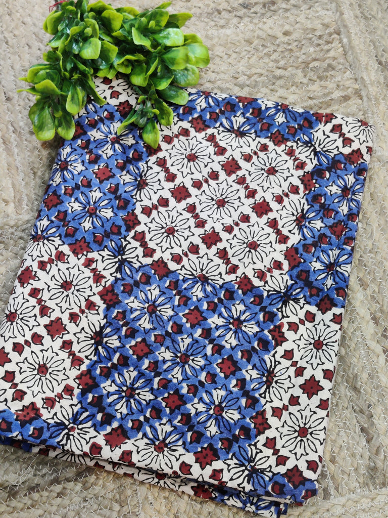 Decorative fabric with blue and red floral pattern on a textured surface
