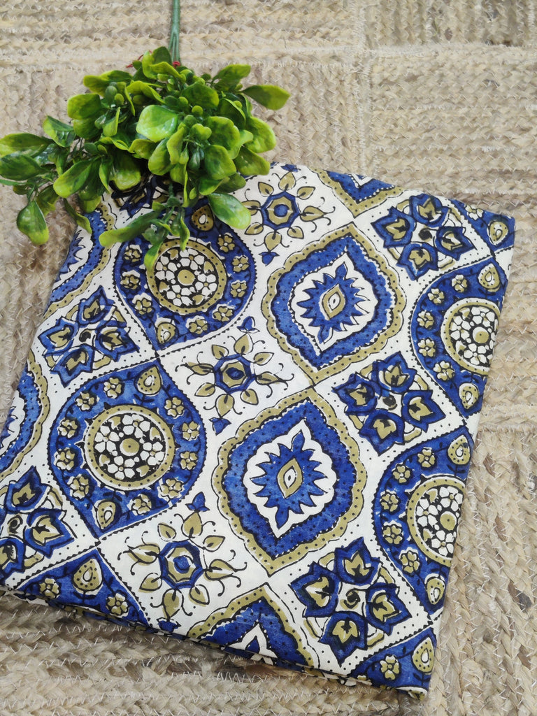 Pure Cotton Ajrakh Printed Fabric in Offwhite and Blue 