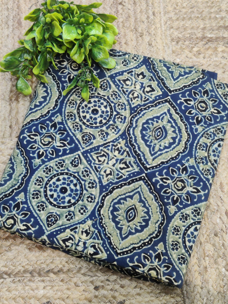 Pure Cotton Ajrakh Printed Fabric in blue and light yellow 