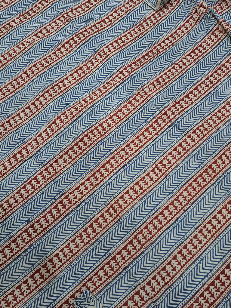 Geometric Pattern Handblock Printed Mulmul Cotton Fabric in Blue and Red on Off-White