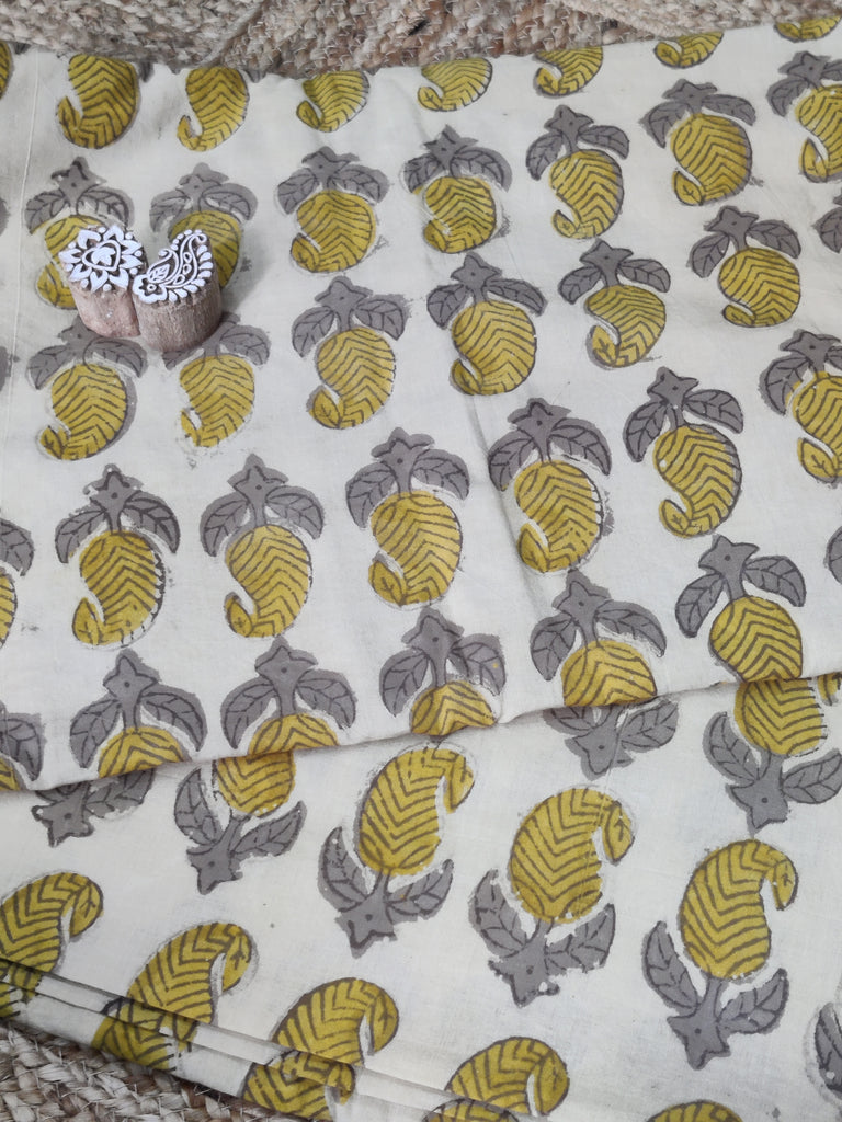 Handblock Vanaspati Printed Cotton Fabric in Yellowish with Motives