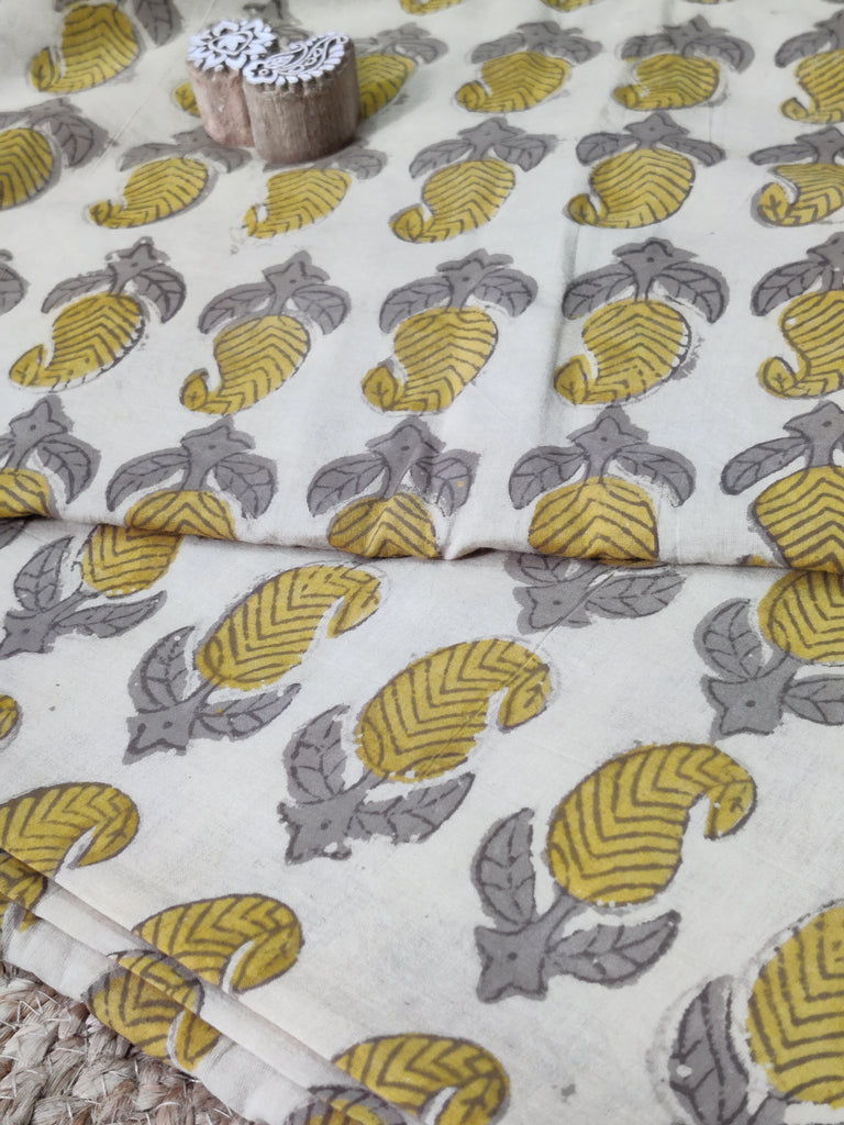 Handblock Vanaspati Printed Cotton Fabric in Yellowish with Motives