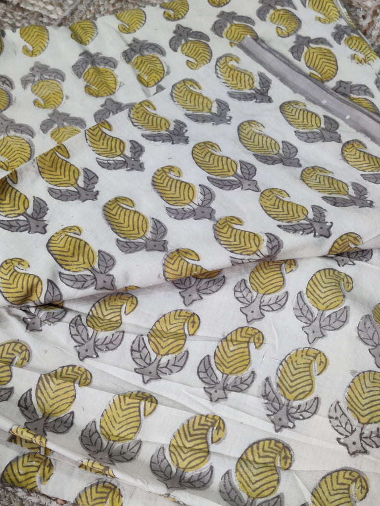 Handblock Vanaspati Printed Cotton Fabric in Yellowish with Motives