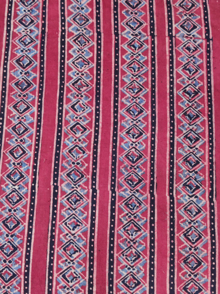 Ajrakh Handblock Printed Cotton Fabric in Red with Stripes Design