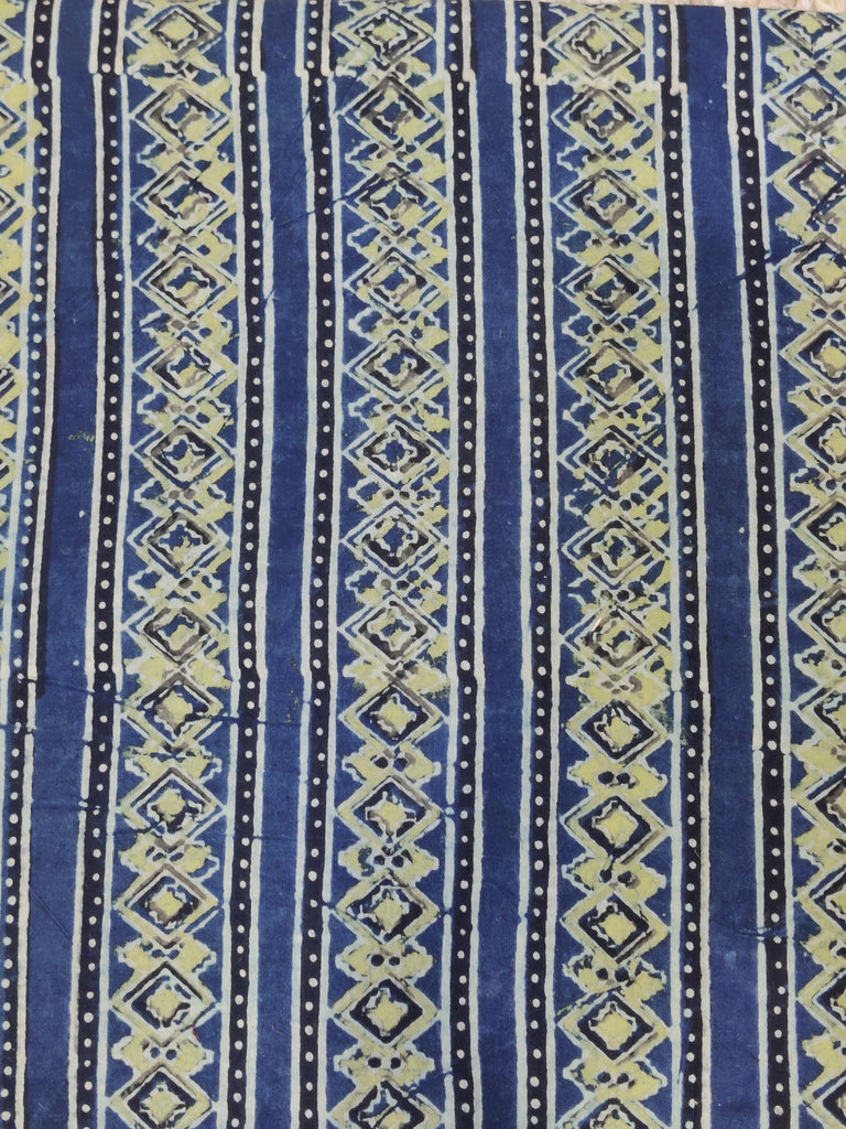 Ajrakh Handblock Printed Cotton Fabric in Indigo with Stripes Design