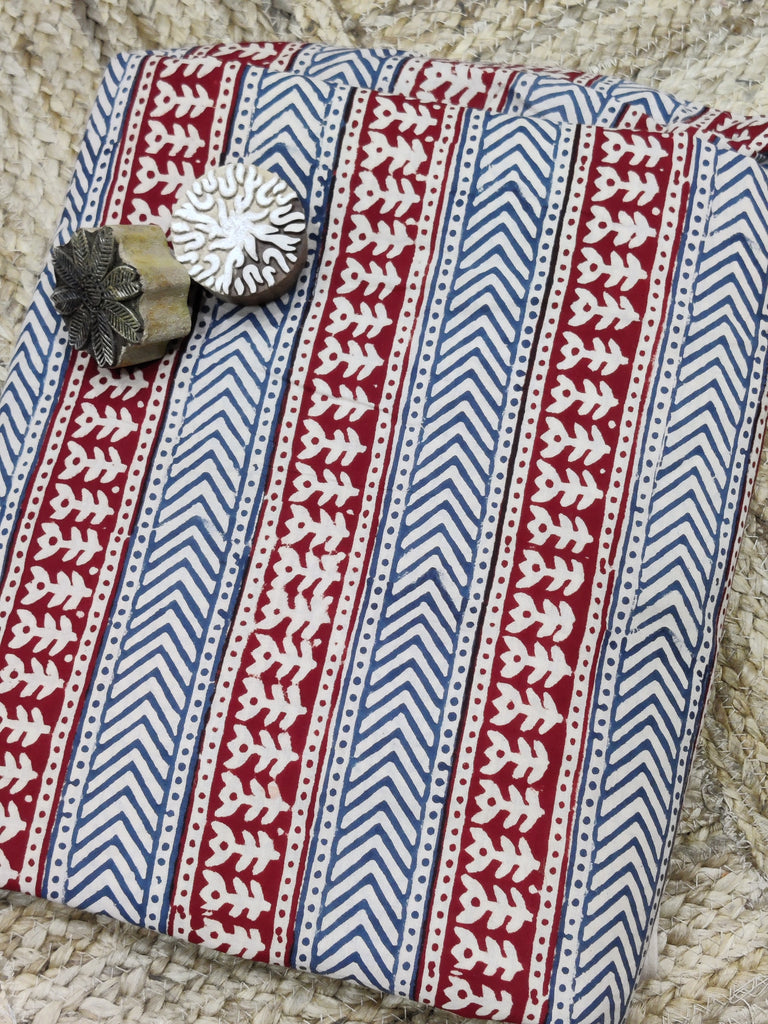 Geometric Pattern Handblock Printed Mulmul Cotton Fabric in Blue and Red on Off-White