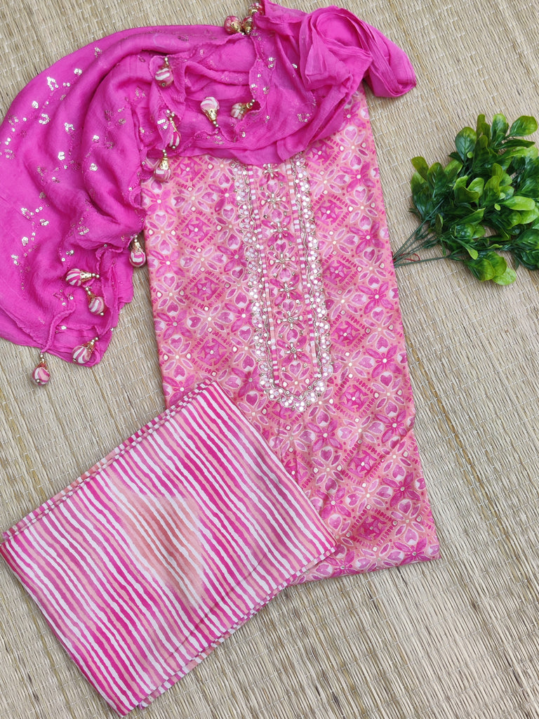 Unstitched Silk Suit Set in Pink with Embroidery on Neckline
